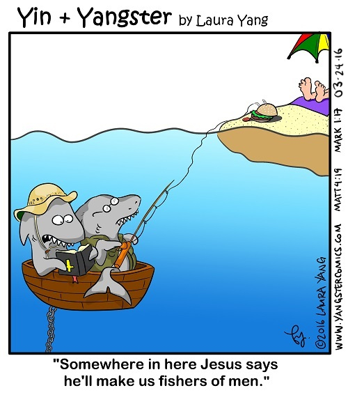 cartoon fishers of men jesus sharks